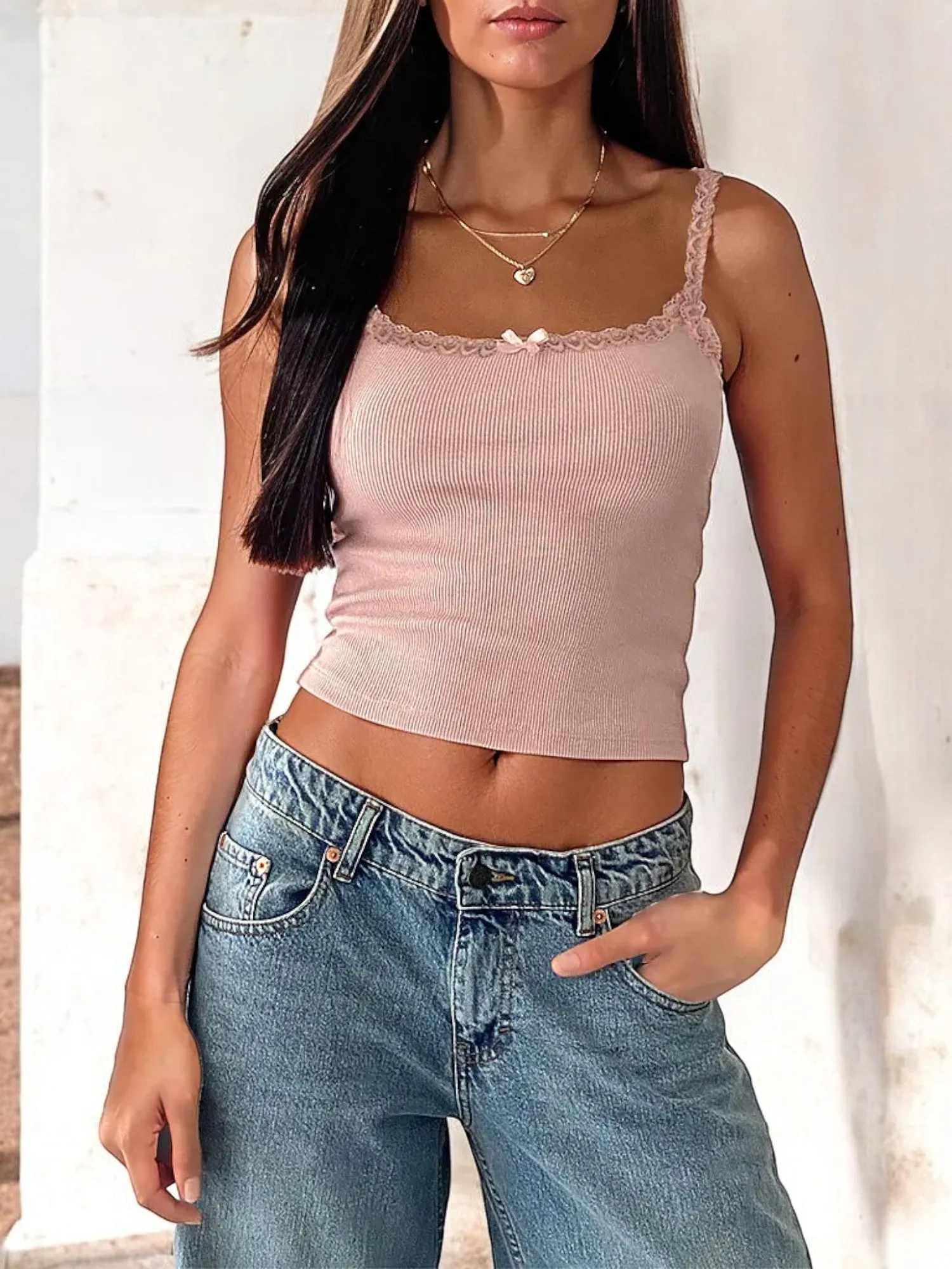 Anna-Kaci Women's Lace Trim Ribbed Knit Camisole Tank Top with Bow Detail