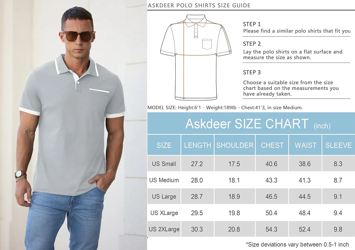 Askdeer Men's Polo Shirts Cotton Short Sleeve Polo T Shirt Classic Casual Golf Collar Tee with Pocket