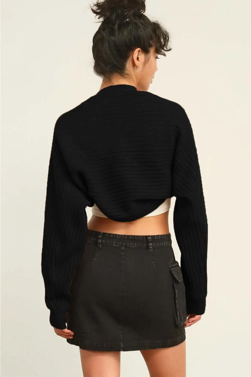 Black Ribbed Knit Bolero Cardigan