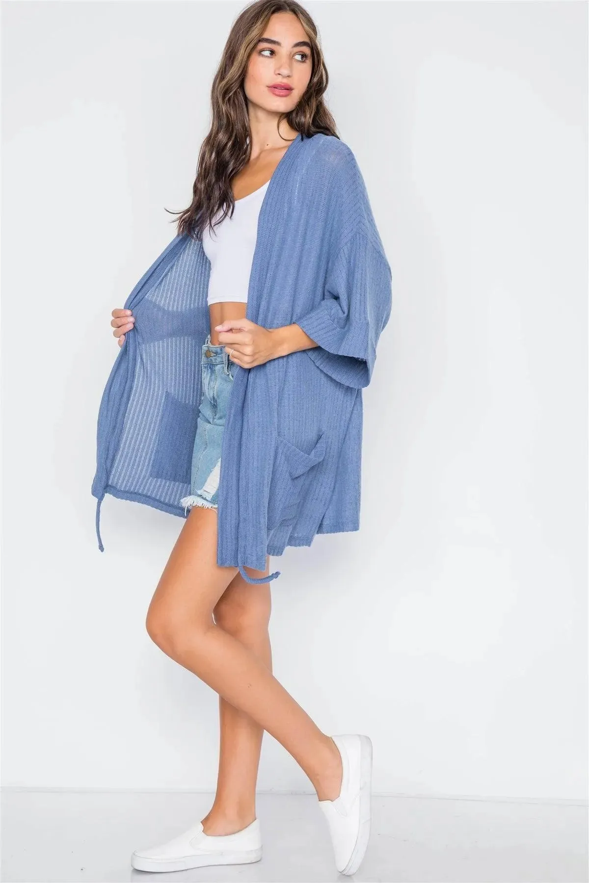 Blue Ribbed Soft Open Front Cardigan