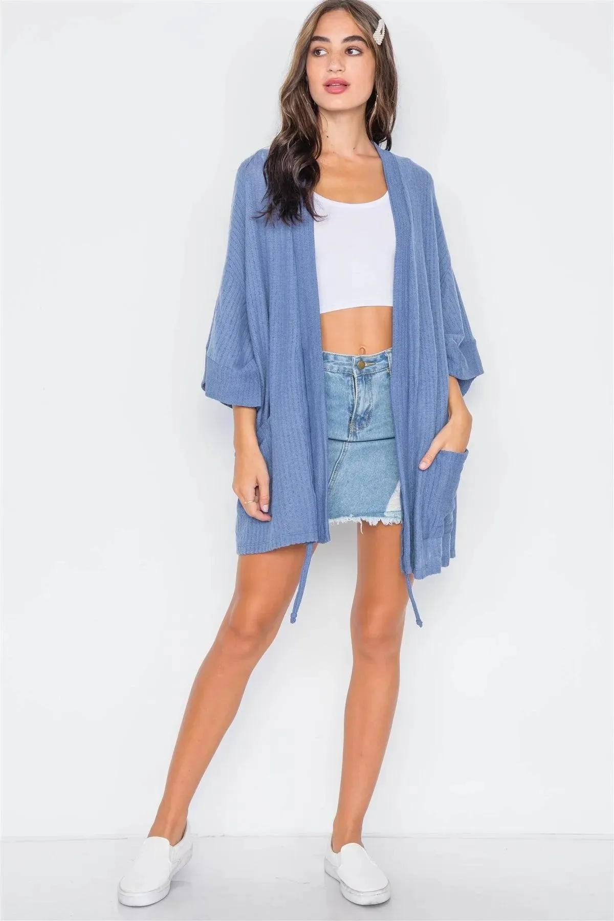 Blue Ribbed Soft Open Front Cardigan