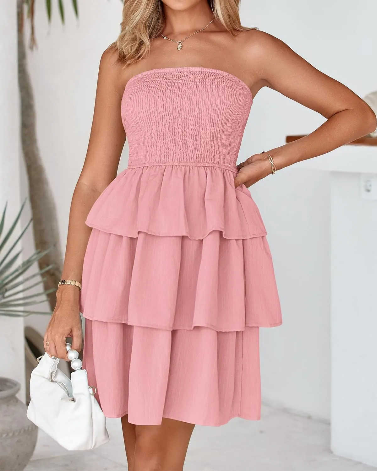 BTFBM 2025 Womens Summer Smocked Tube Dress Off Shoulder Strapless Casual Sundress Tiered Mini Beach Vacation Dresses