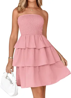 BTFBM 2025 Womens Summer Smocked Tube Dress Off Shoulder Strapless Casual Sundress Tiered Mini Beach Vacation Dresses