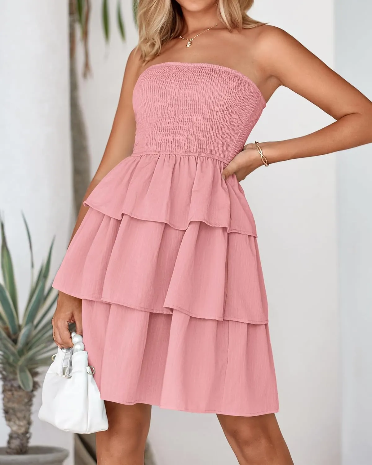 BTFBM 2025 Womens Summer Smocked Tube Dress Off Shoulder Strapless Casual Sundress Tiered Mini Beach Vacation Dresses