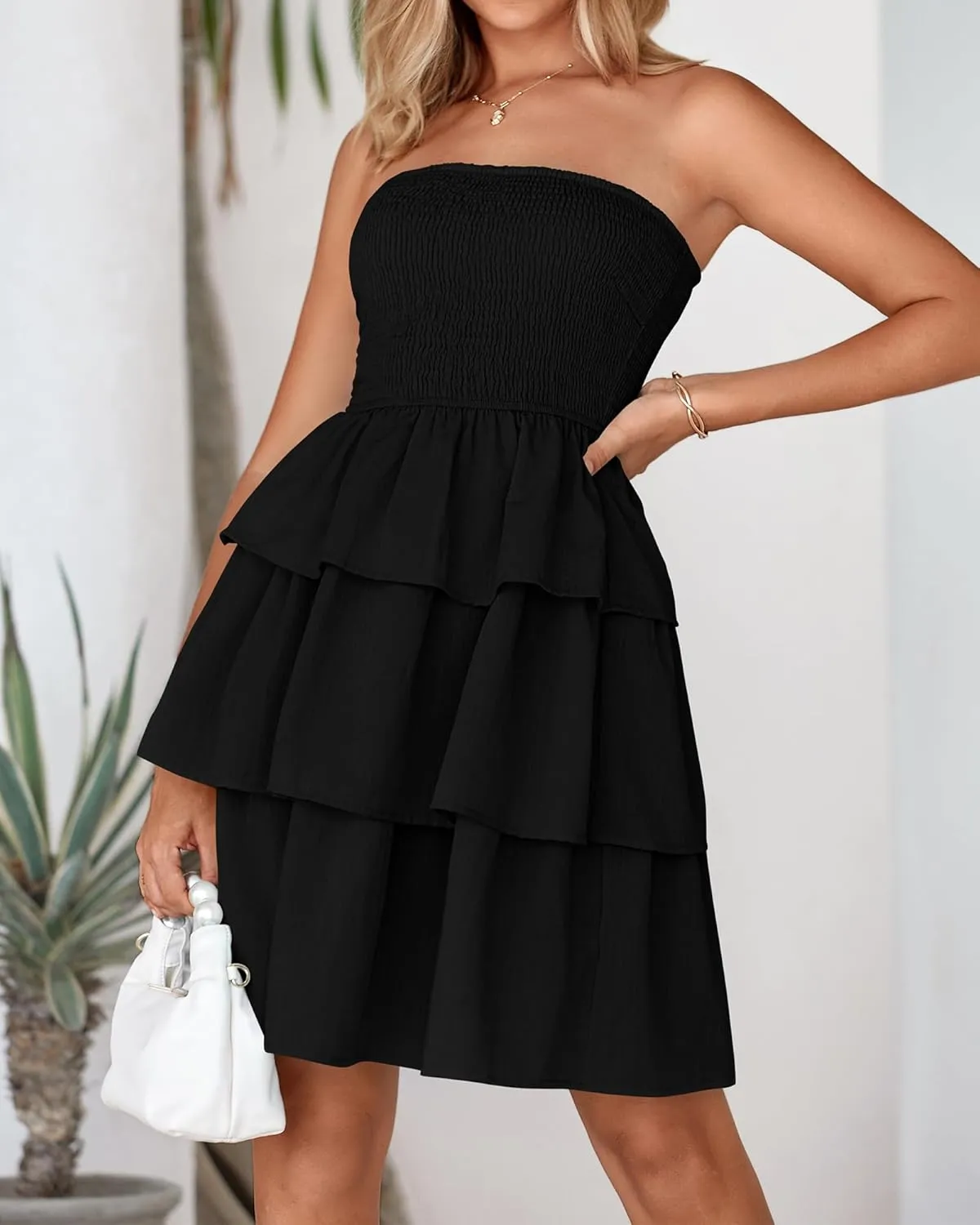 BTFBM 2025 Womens Summer Smocked Tube Dress Off Shoulder Strapless Casual Sundress Tiered Mini Beach Vacation Dresses