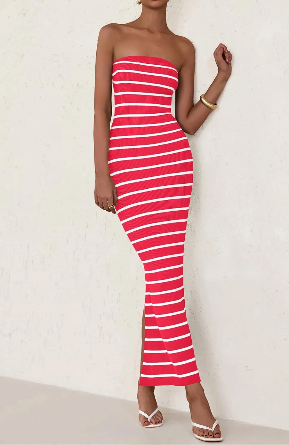 BTFBM Casual Women's Summer Dresses Bodycon Maxi Tube Striped Dress Ribbed Knit Strapless Back Slit Long Dress Party Dresses