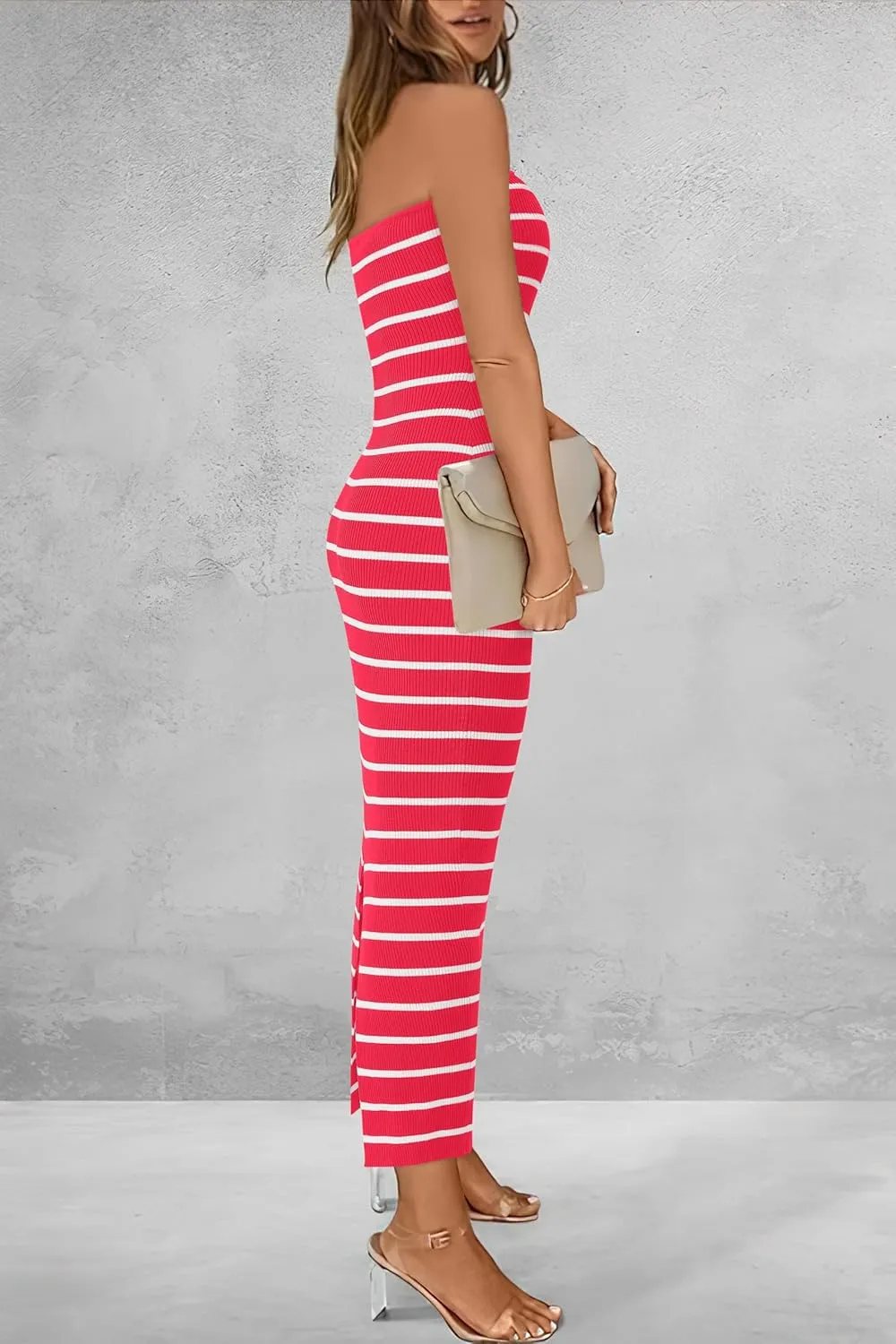 BTFBM Casual Women's Summer Dresses Bodycon Maxi Tube Striped Dress Ribbed Knit Strapless Back Slit Long Dress Party Dresses
