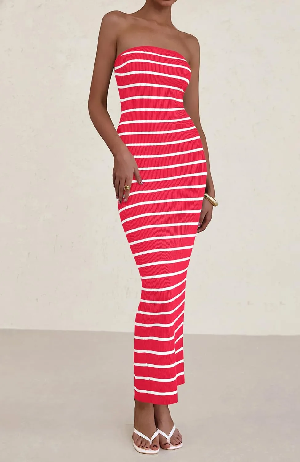 BTFBM Casual Women's Summer Dresses Bodycon Maxi Tube Striped Dress Ribbed Knit Strapless Back Slit Long Dress Party Dresses