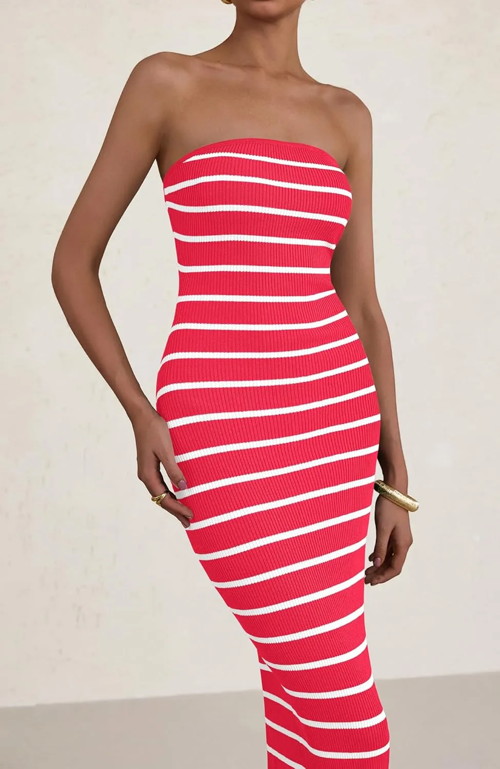 BTFBM Casual Women's Summer Dresses Bodycon Maxi Tube Striped Dress Ribbed Knit Strapless Back Slit Long Dress Party Dresses