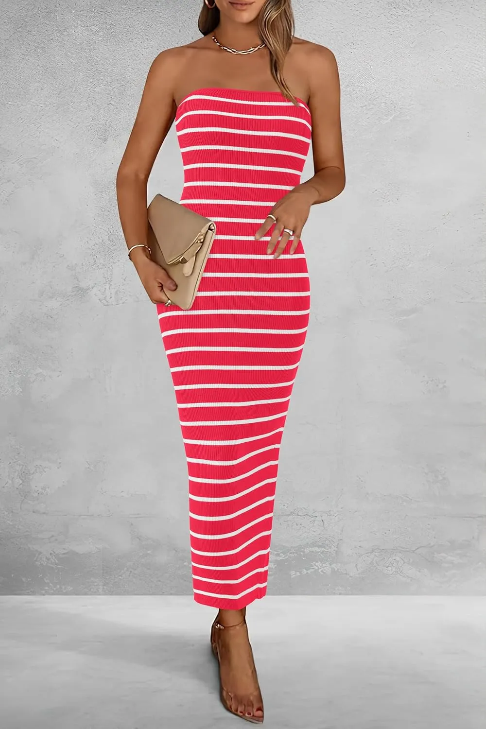 BTFBM Casual Women's Summer Dresses Bodycon Maxi Tube Striped Dress Ribbed Knit Strapless Back Slit Long Dress Party Dresses