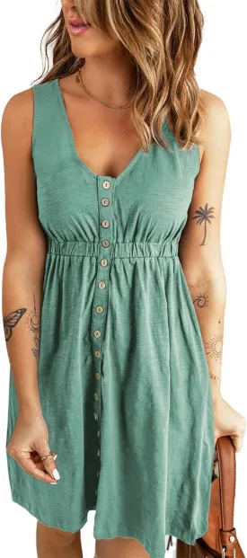 BTFBM Women Sleeveless Summer Dress 2025 Crewneck Ribbed Knit Ruffle Swing Button Down Beach Sun Mini Tank Short Dresses