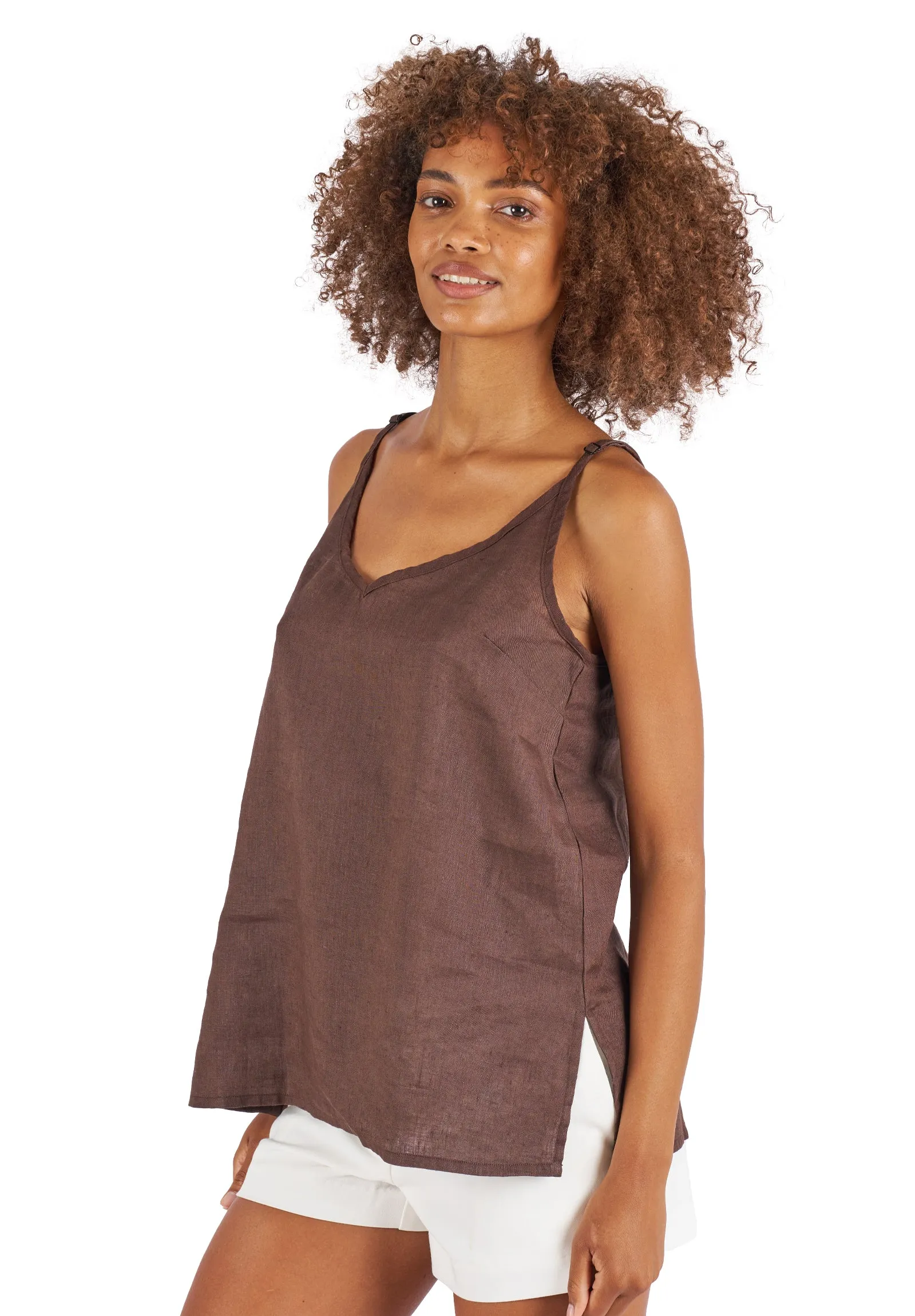 Cami-V Coffee Linen Top