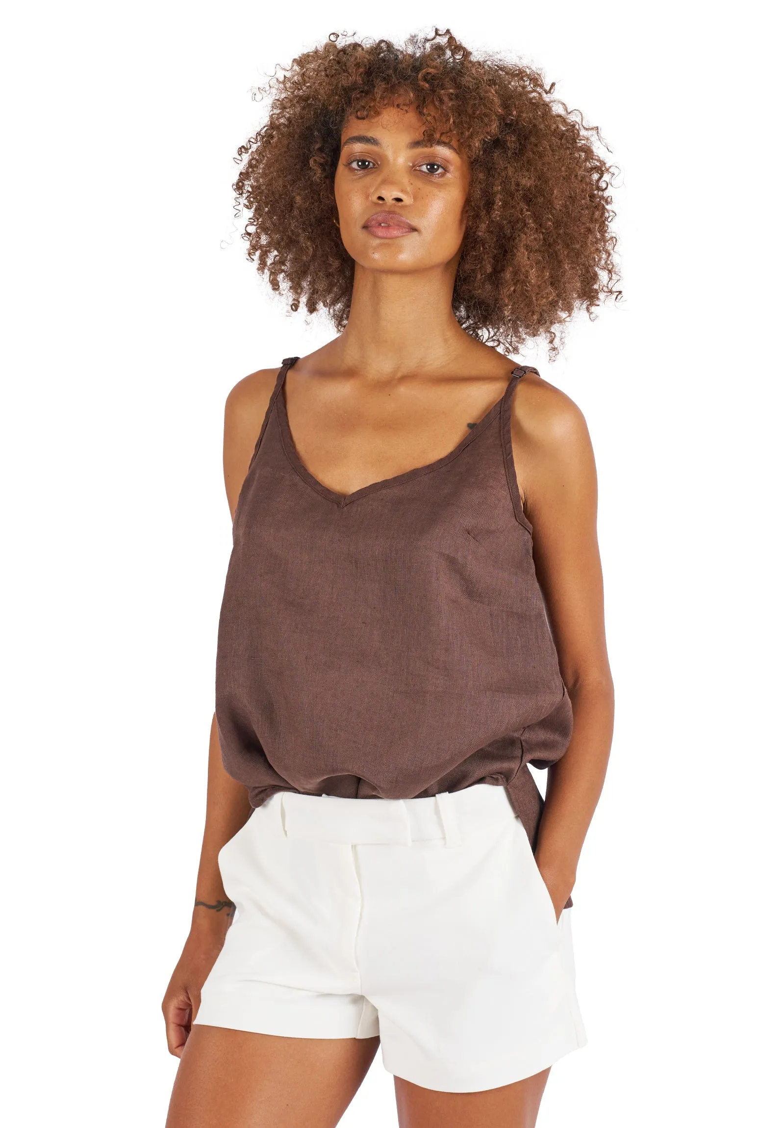 Cami-V Coffee Linen Top
