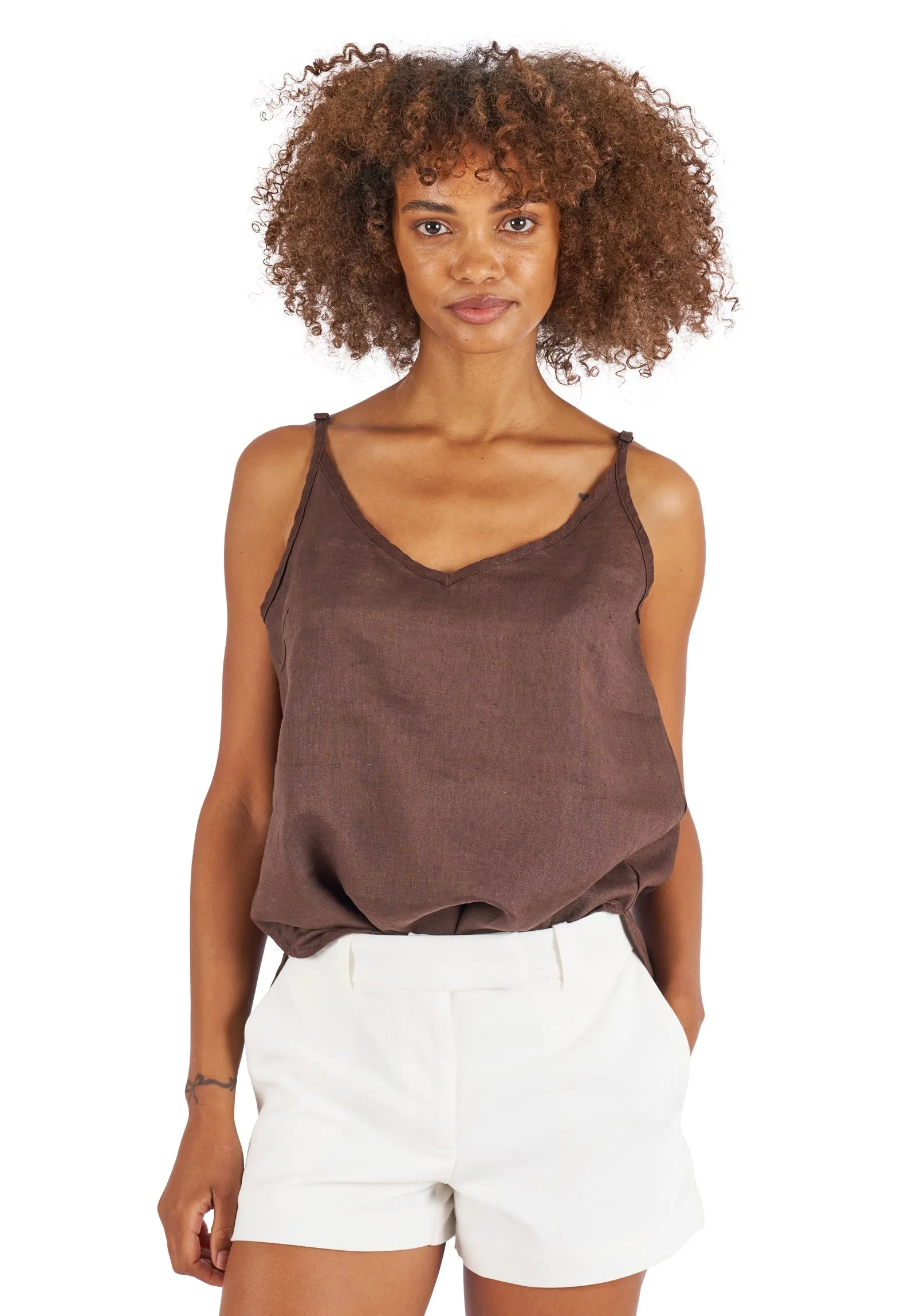 Cami-V Coffee Linen Top