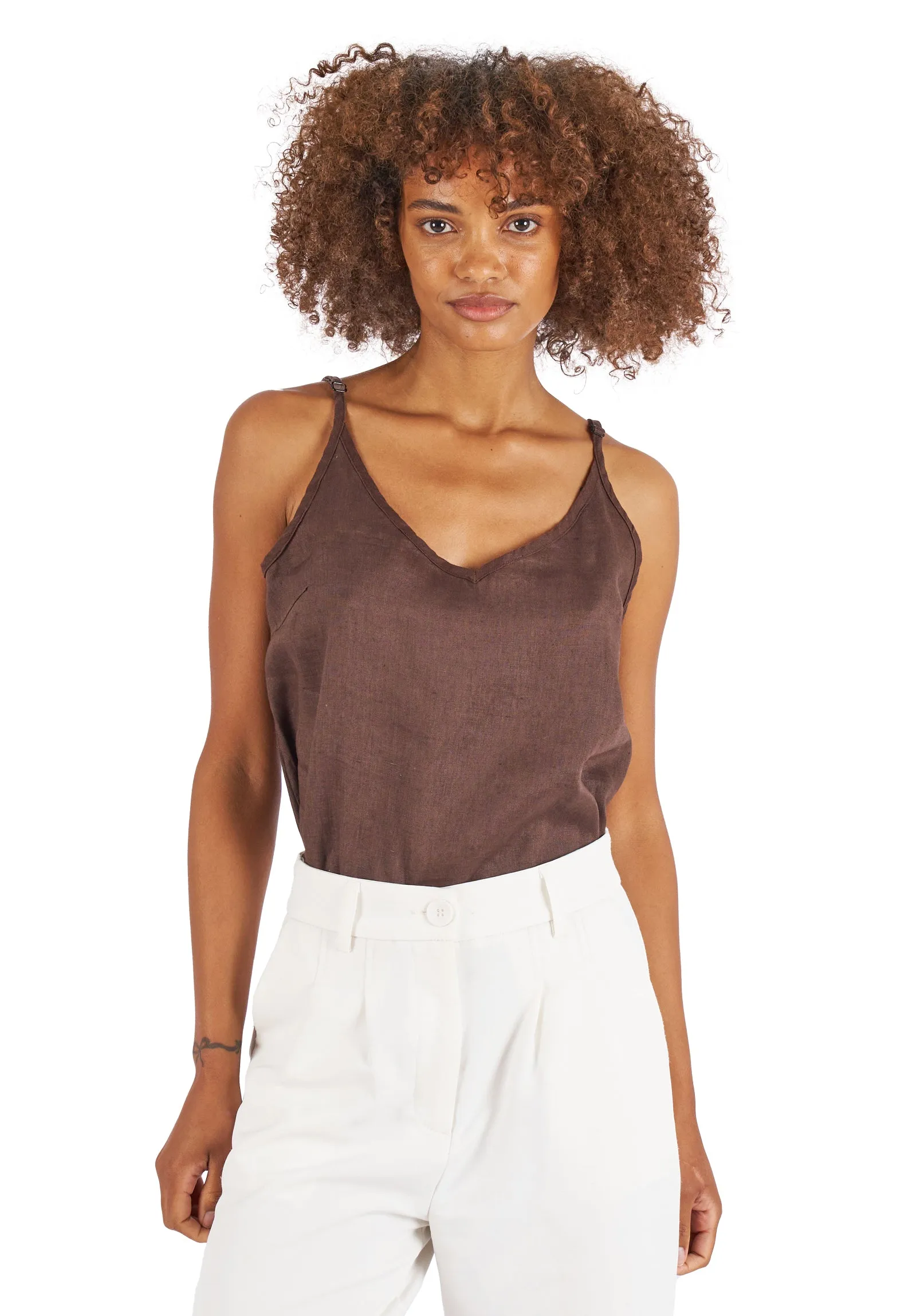 Cami-V Coffee Linen Top