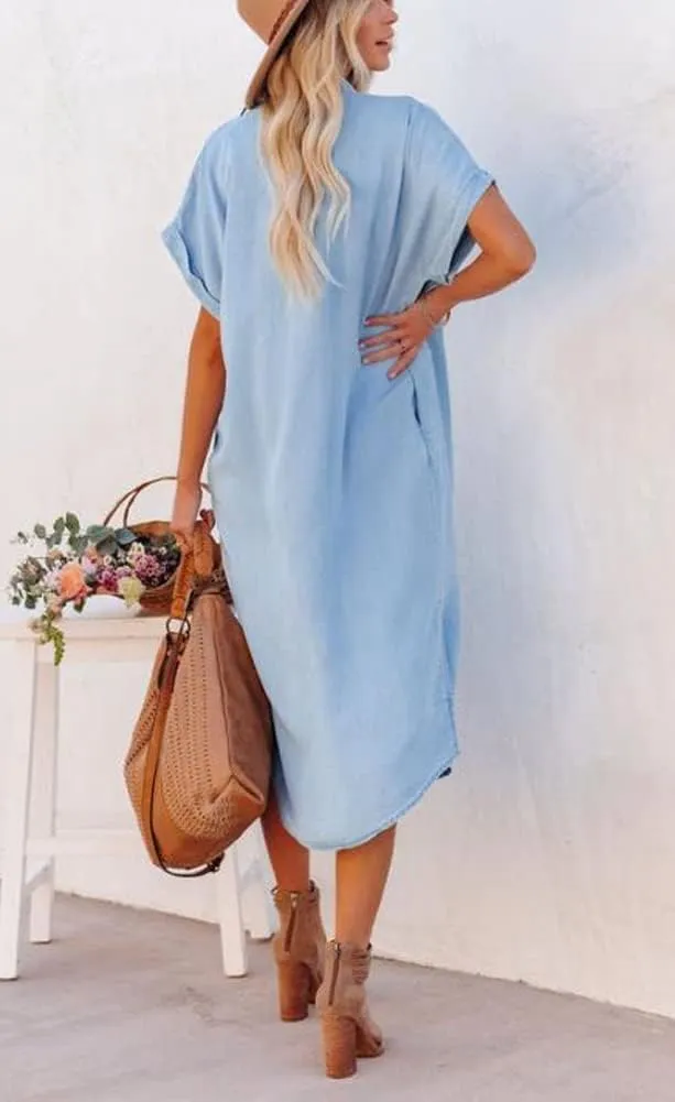 chouyatou Women's Summer Loose Hand Pocket Midi Long Tunic Denim Shirt Dress