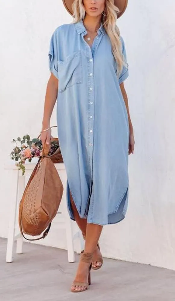chouyatou Women's Summer Loose Hand Pocket Midi Long Tunic Denim Shirt Dress
