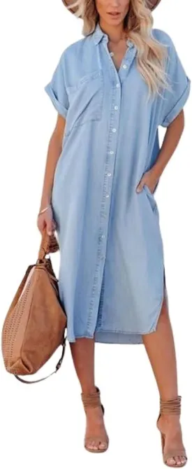 chouyatou Women's Summer Loose Hand Pocket Midi Long Tunic Denim Shirt Dress