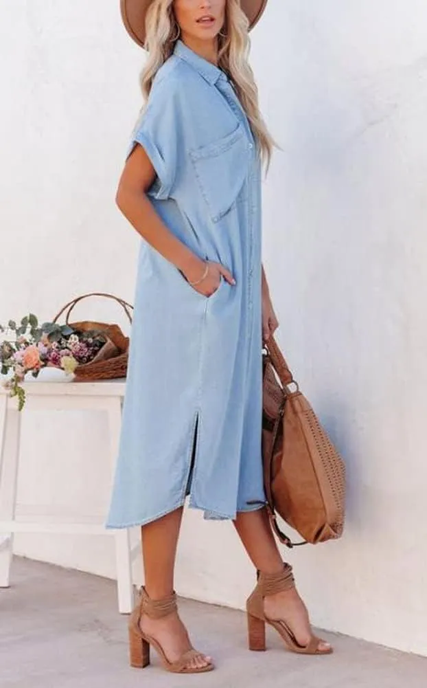 chouyatou Women's Summer Loose Hand Pocket Midi Long Tunic Denim Shirt Dress