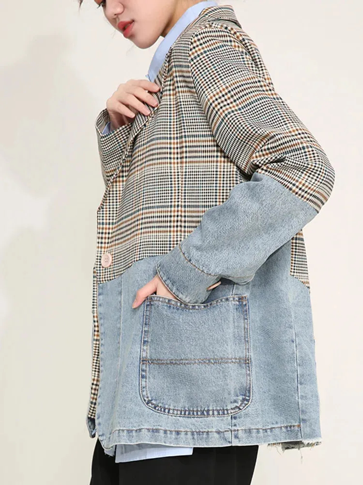 Collette Denim Plaid Colorblock Blazer
