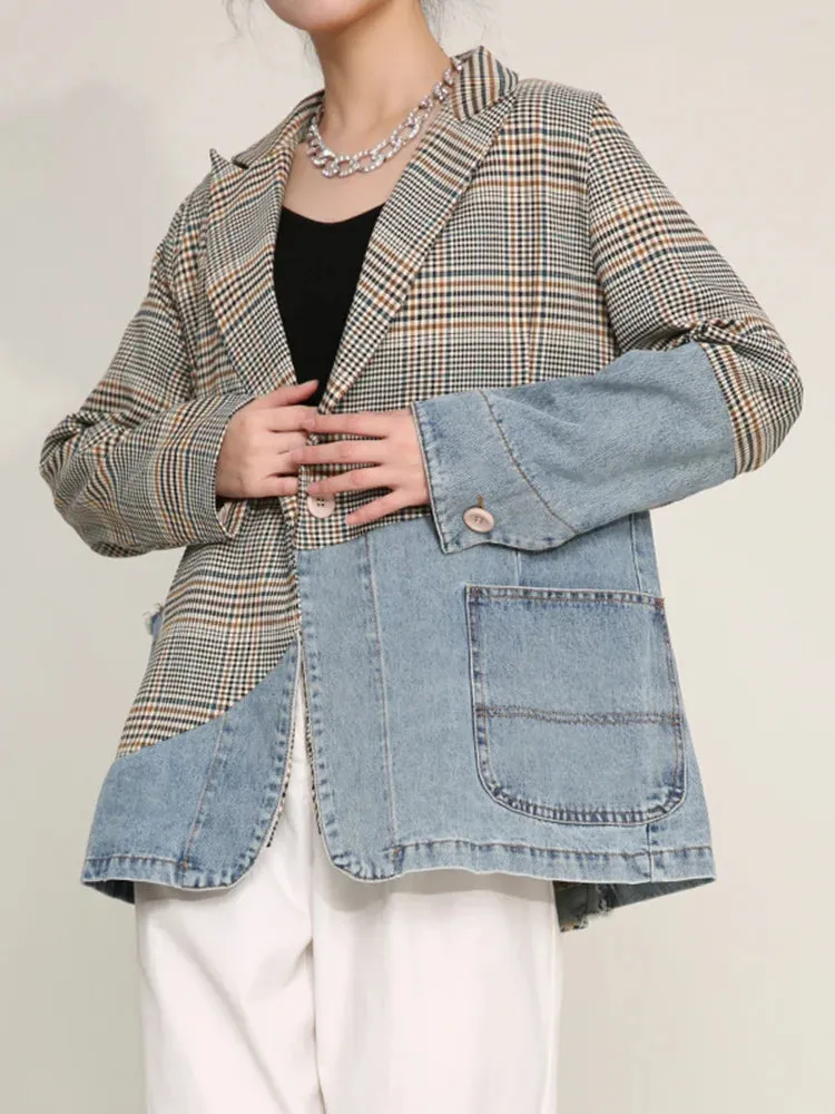 Collette Denim Plaid Colorblock Blazer