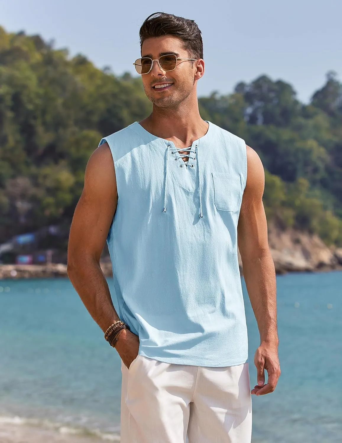 COOFANDY Men's Cotton Linen Tank Top Shirts Casual Sleeveless Lace Up Beach Hippie Tops Bohemian Renaissance Pirate Tunic