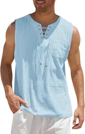 COOFANDY Men's Cotton Linen Tank Top Shirts Casual Sleeveless Lace Up Beach Hippie Tops Bohemian Renaissance Pirate Tunic