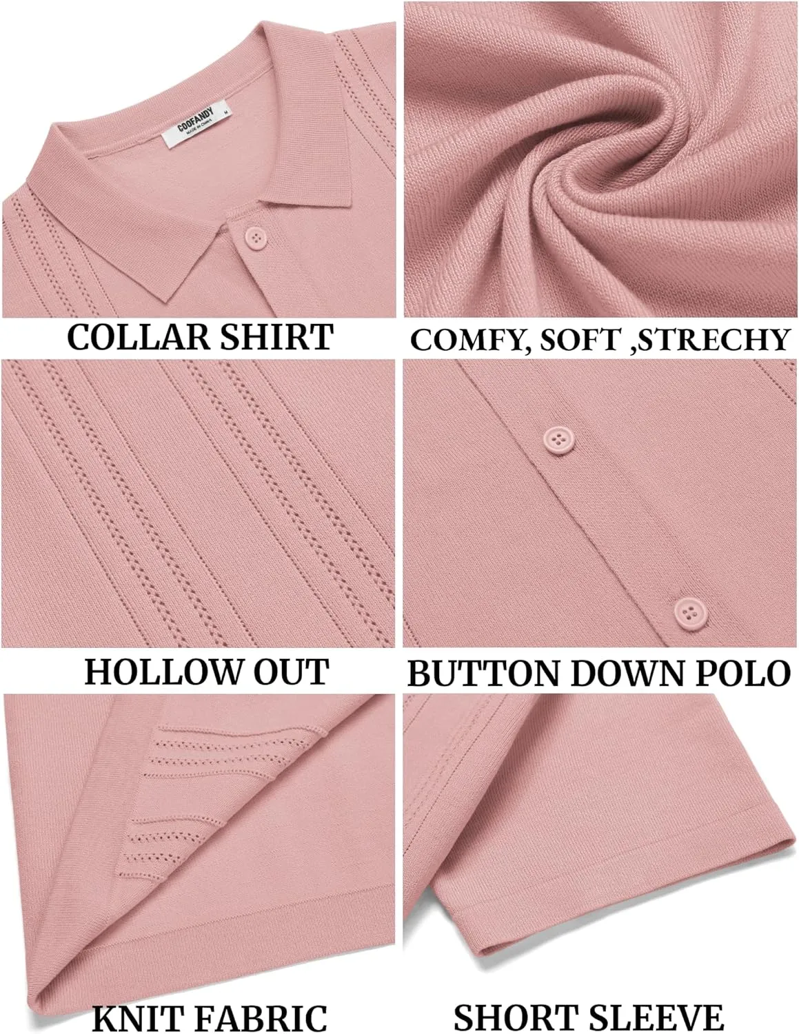 COOFANDY Men's Knit Button Down Shirt Short Sleeve Cuban Guayabera Shirts Casual Textured Polo Summer Tops