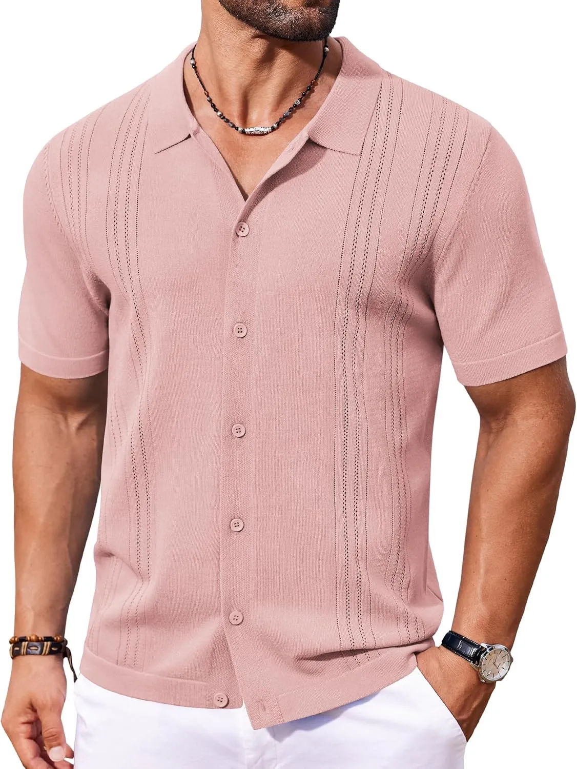 COOFANDY Men's Knit Button Down Shirt Short Sleeve Cuban Guayabera Shirts Casual Textured Polo Summer Tops