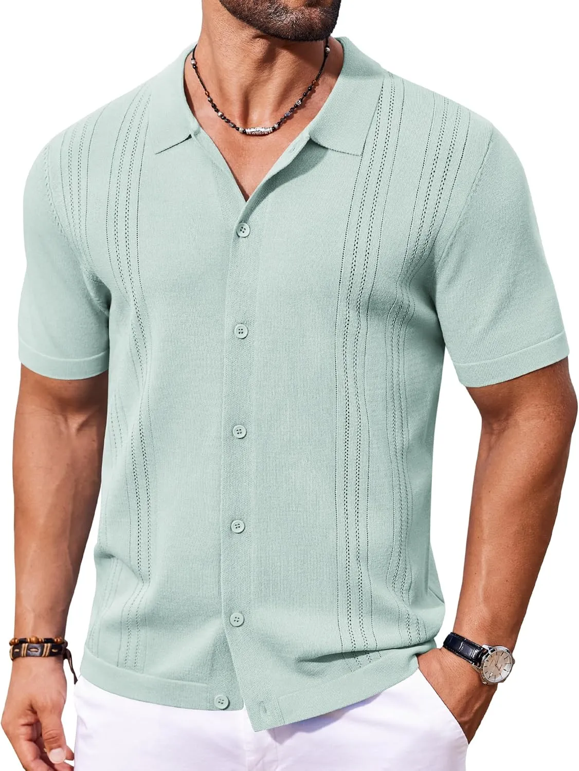 COOFANDY Men's Knit Button Down Shirt Short Sleeve Cuban Guayabera Shirts Casual Textured Polo Summer Tops