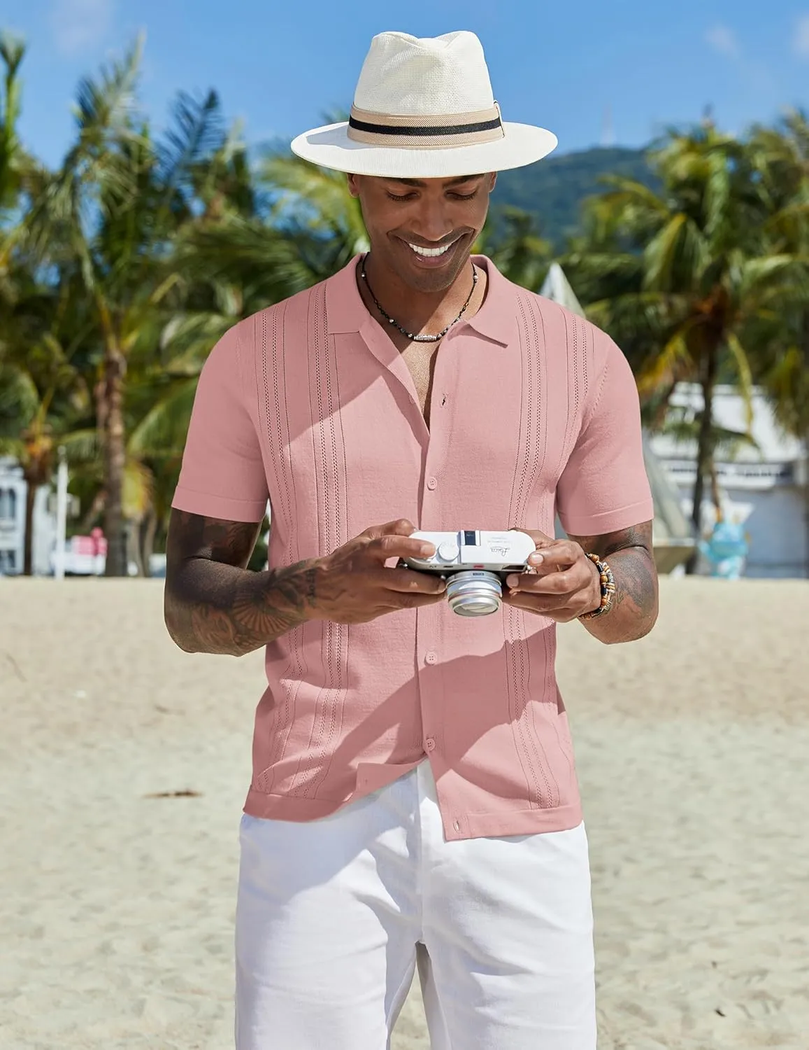COOFANDY Men's Knit Button Down Shirt Short Sleeve Cuban Guayabera Shirts Casual Textured Polo Summer Tops