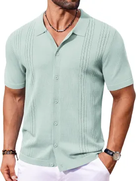 COOFANDY Men's Knit Button Down Shirt Short Sleeve Cuban Guayabera Shirts Casual Textured Polo Summer Tops