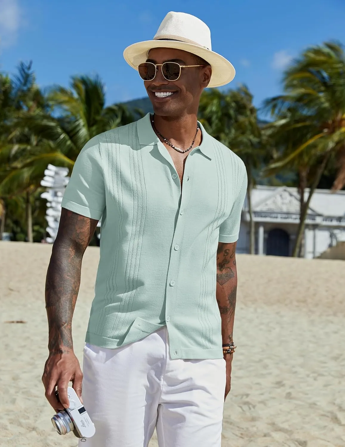 COOFANDY Men's Knit Button Down Shirt Short Sleeve Cuban Guayabera Shirts Casual Textured Polo Summer Tops
