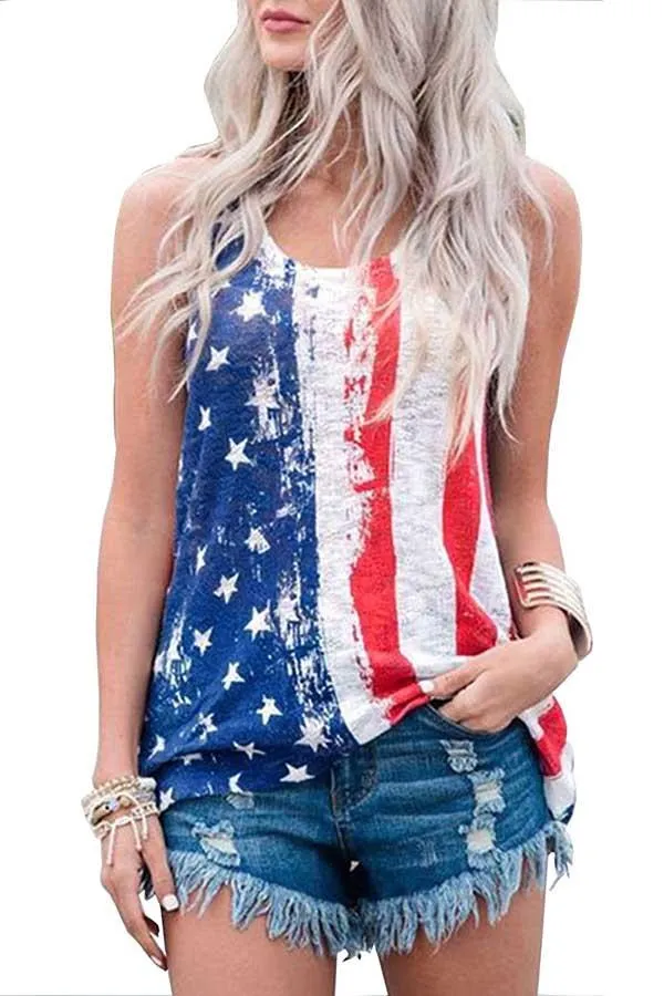 Crew Neck American Flag Print Tank Top