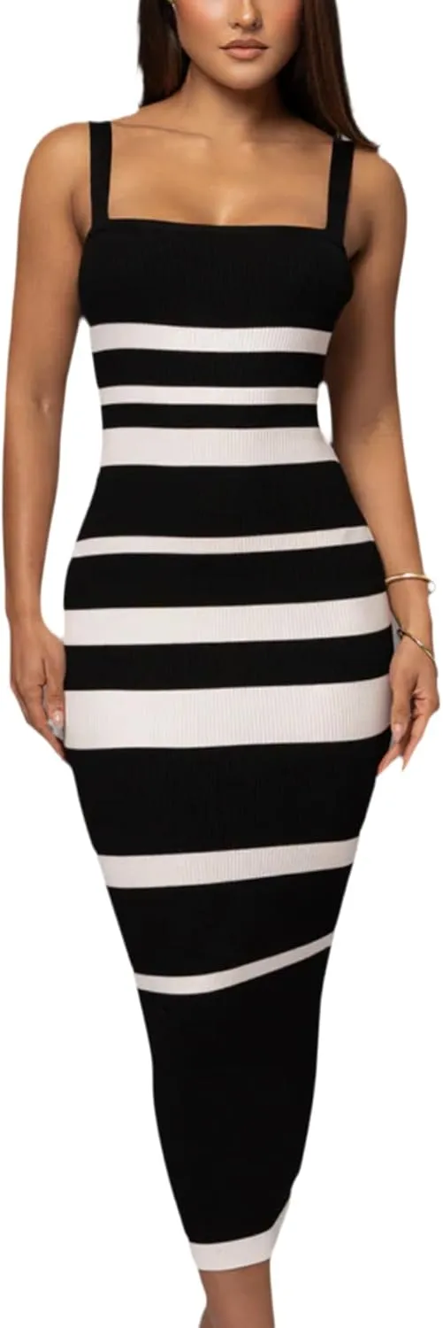 CutieLove Women's Casual Sleeveless Striped Bodycon Midi Dress Square Neck Ribbed Knit Dresses