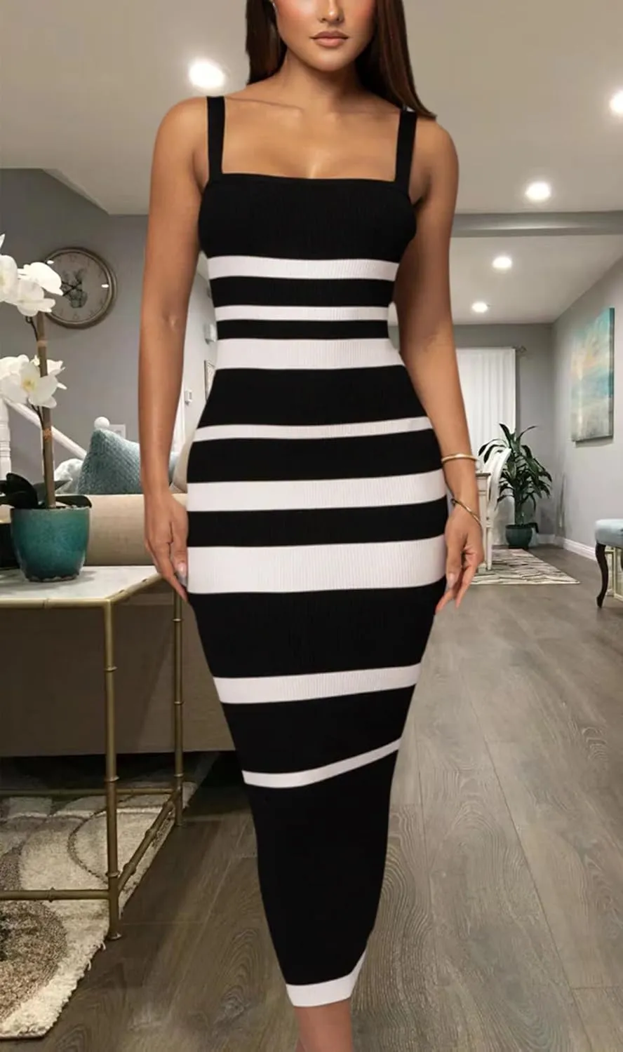 CutieLove Women's Casual Sleeveless Striped Bodycon Midi Dress Square Neck Ribbed Knit Dresses