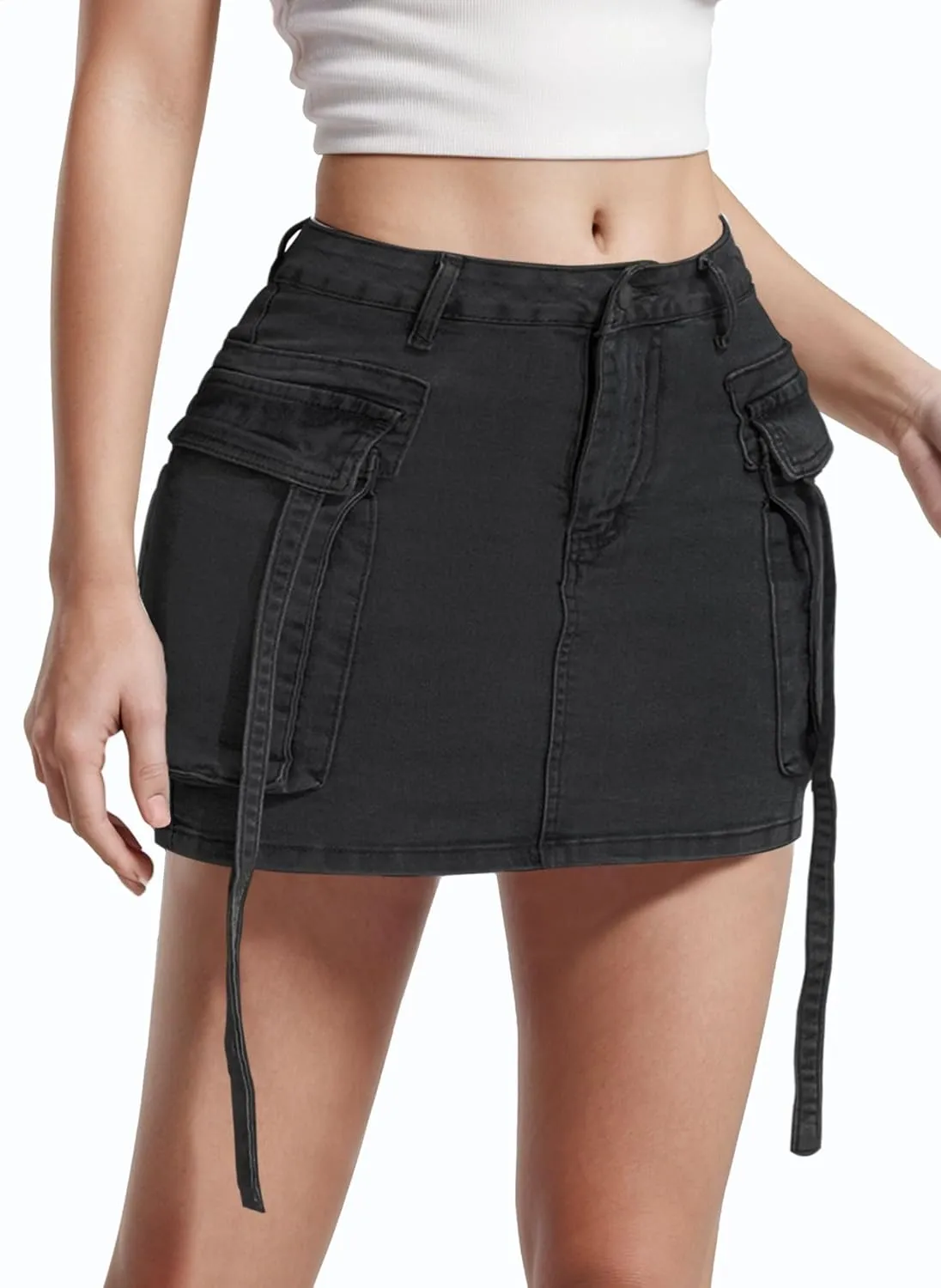 Denim Skirt Women with Pockets Stretchy Cargo Y2k Skirts Low Waist Jean Skirts for Women Denim Mini Skirt
