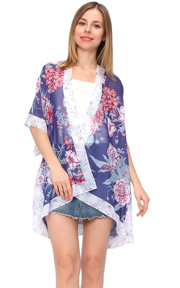 EAV5073 Lavender Flower Print Chiffon Kimono
