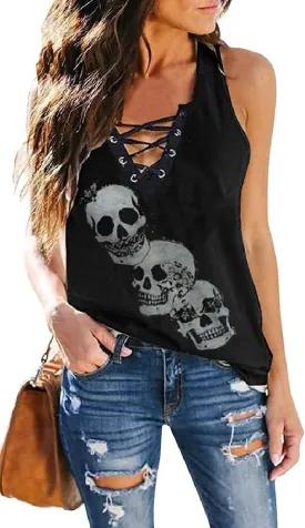 Fensajomon Skull Shirt for Women V Neck Lace Up Sleeveless Casual Summer Workout Yoga Tank Top