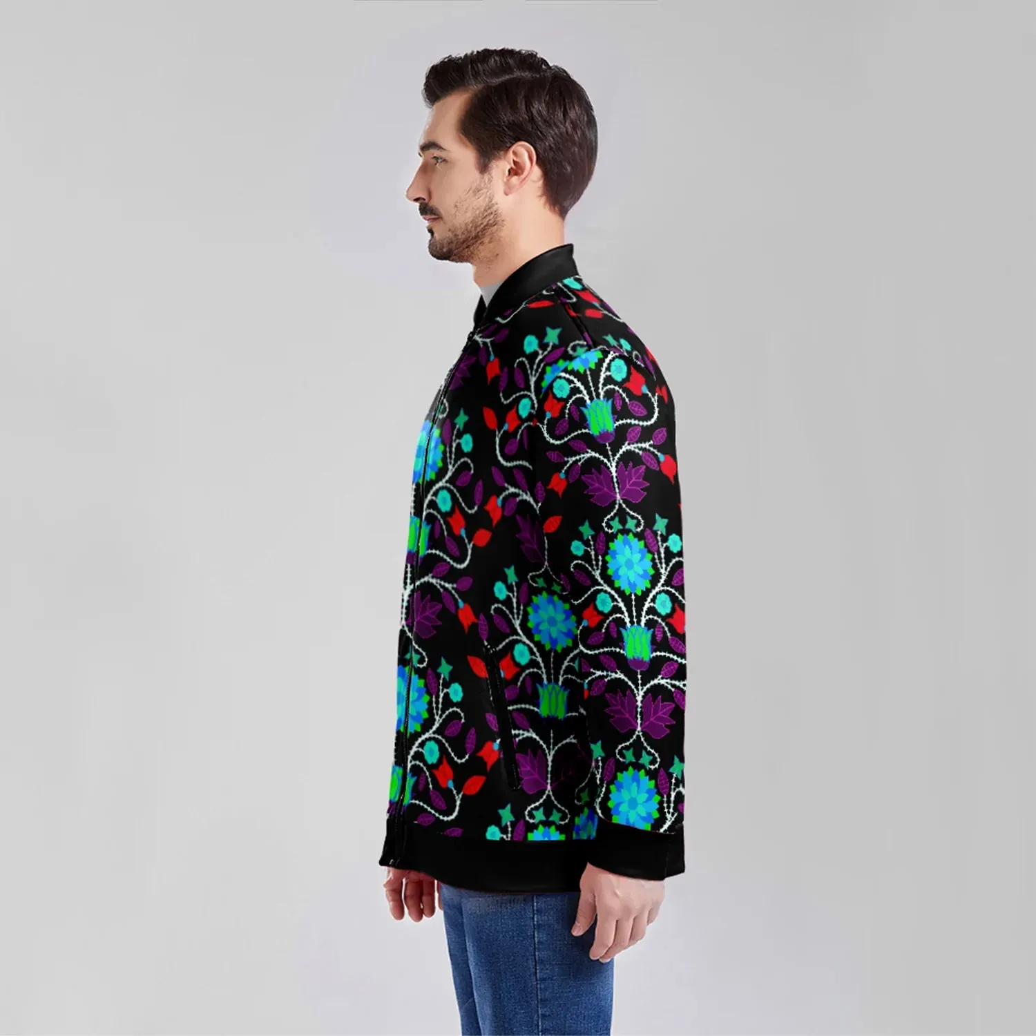 Floral Beadwork Four Clans Winter Youth Zippered Collared Lightweight Jacket