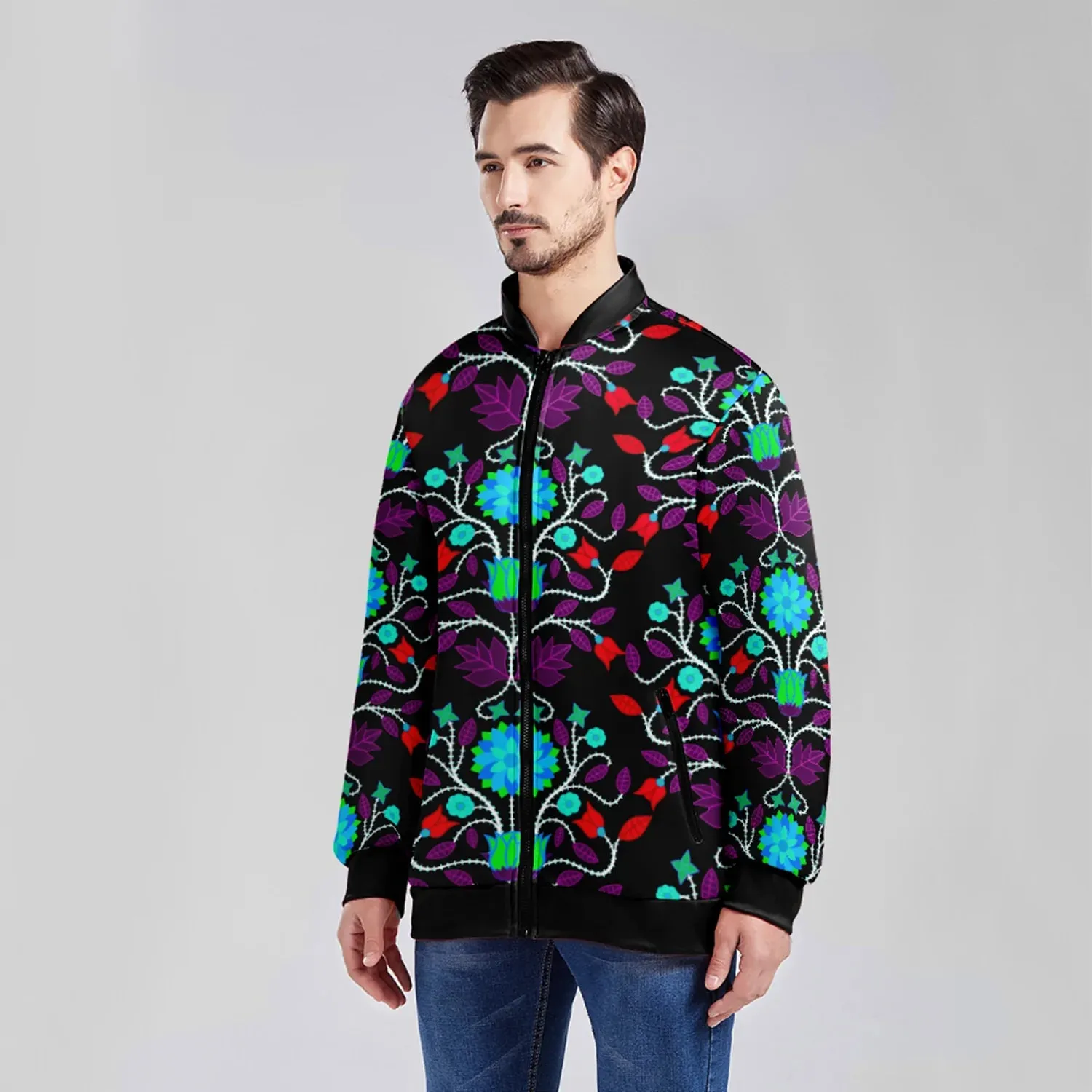 Floral Beadwork Four Clans Winter Youth Zippered Collared Lightweight Jacket