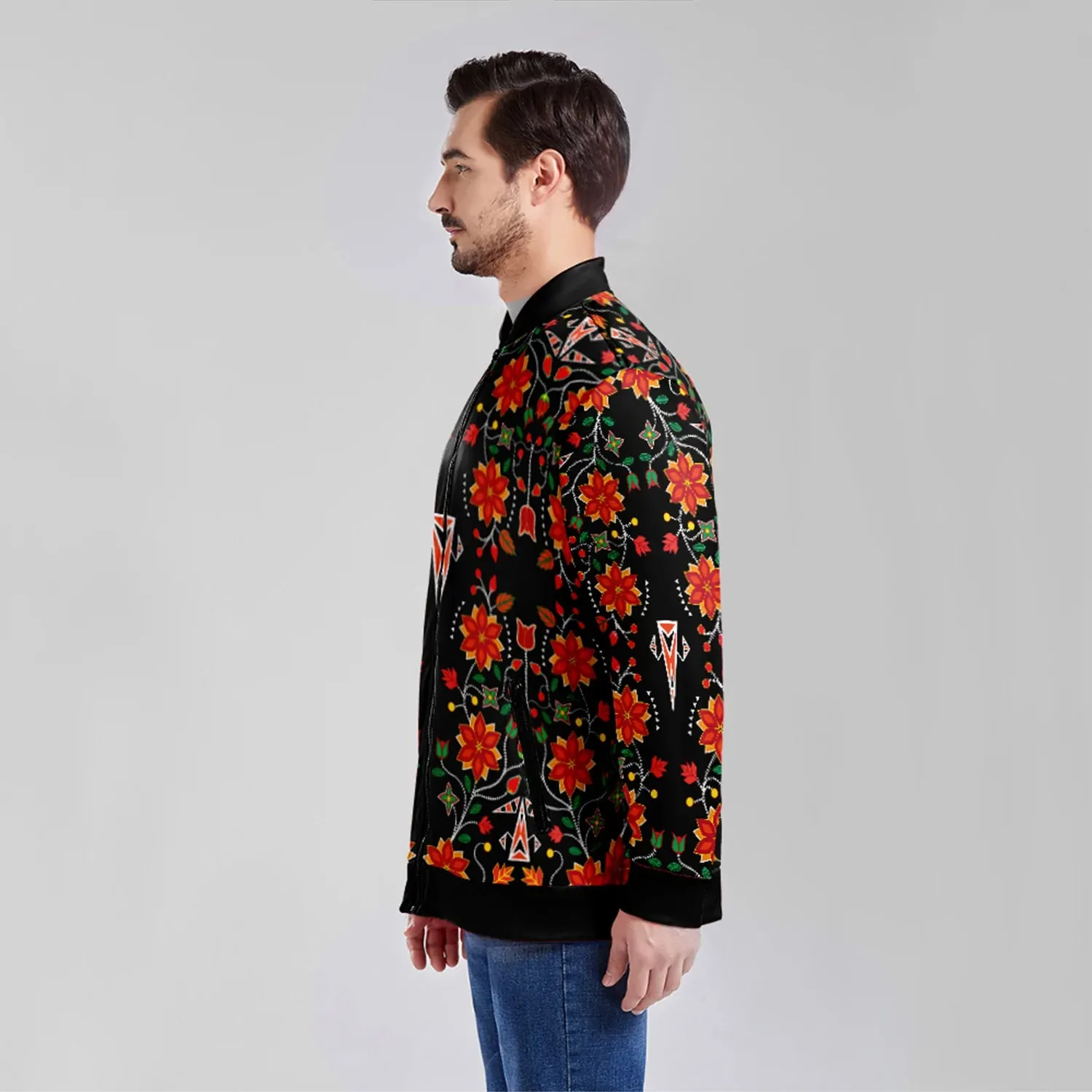 Floral Beadwork Six Bands Zippered Collared Lightweight Jacket