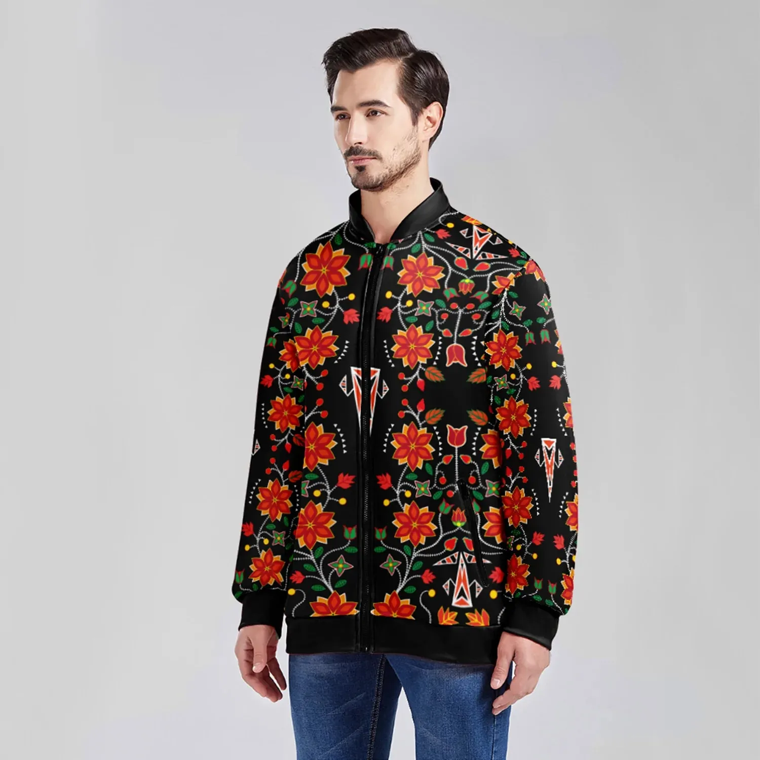 Floral Beadwork Six Bands Zippered Collared Lightweight Jacket