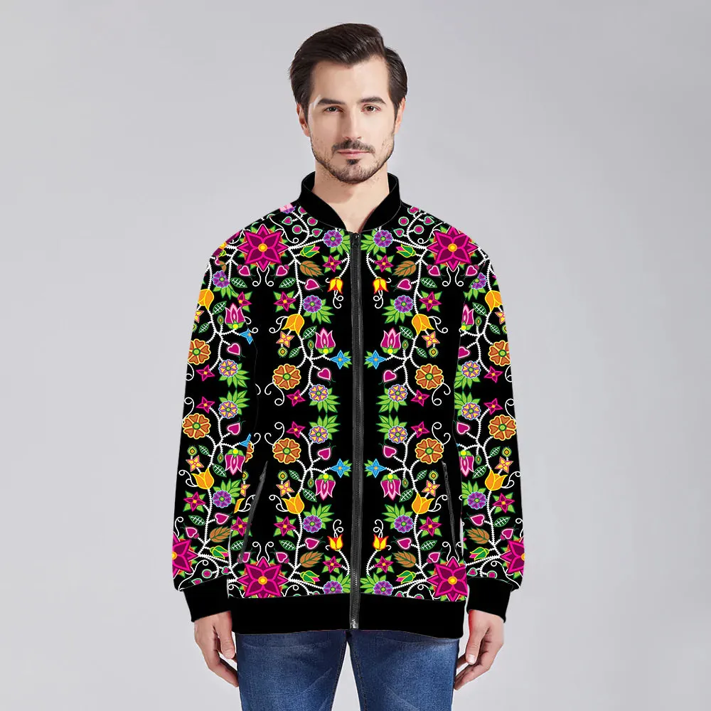 Floral Beadwork Zippered Collared Lightweight Jacket