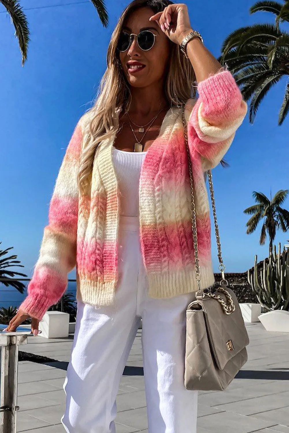 Gradient Color Chunky Knit Cardigan Open Front Cardigan