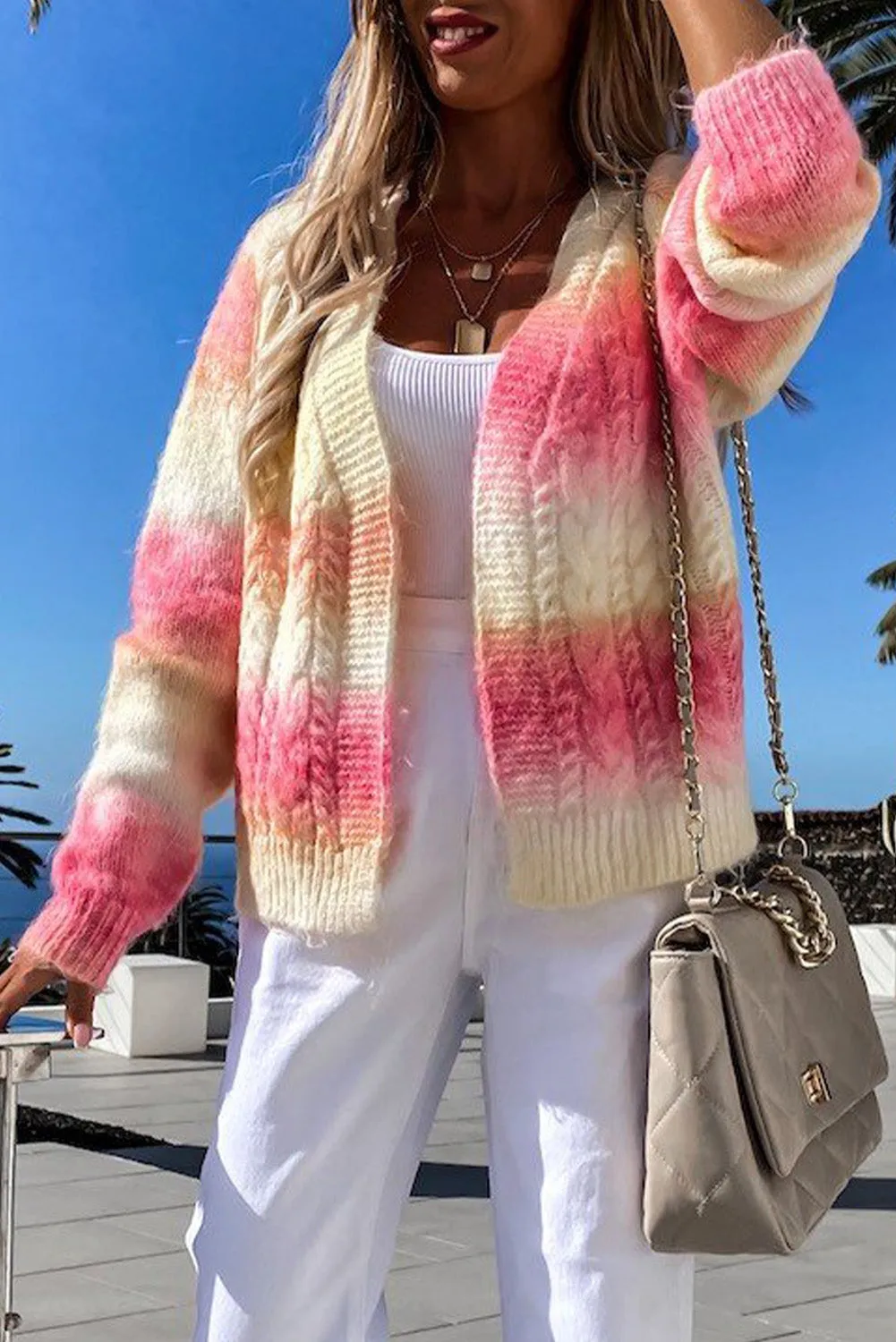 Gradient Color Chunky Knit Cardigan Open Front Cardigan