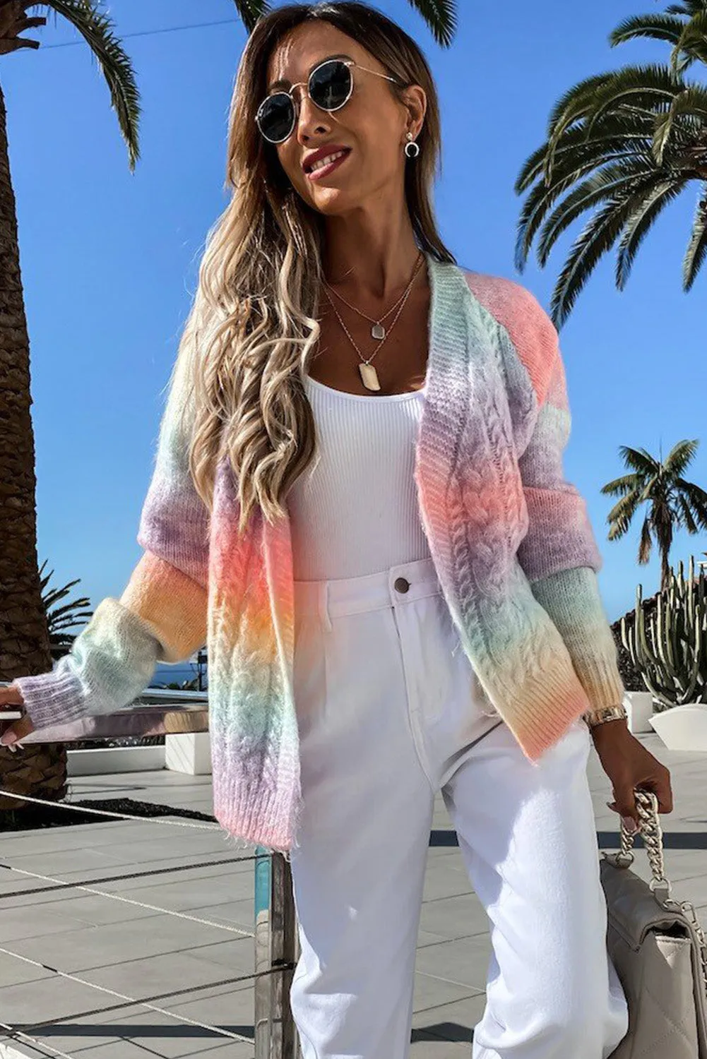 Gradient Color Chunky Knit Cardigan Open Front Cardigan