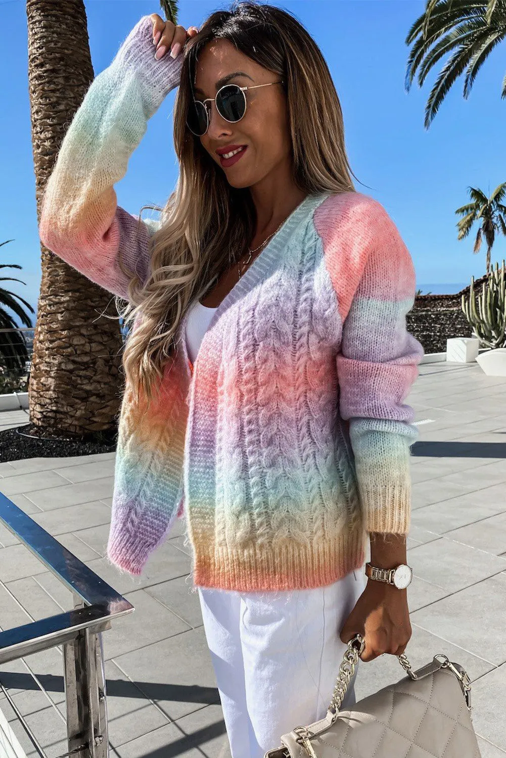 Gradient Color Chunky Knit Cardigan Open Front Cardigan