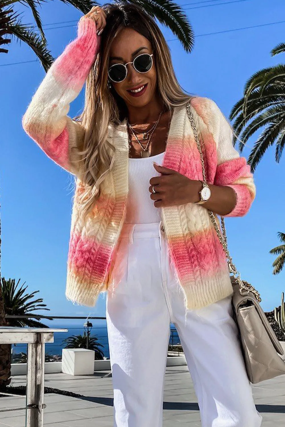Gradient Color Chunky Knit Cardigan Open Front Cardigan