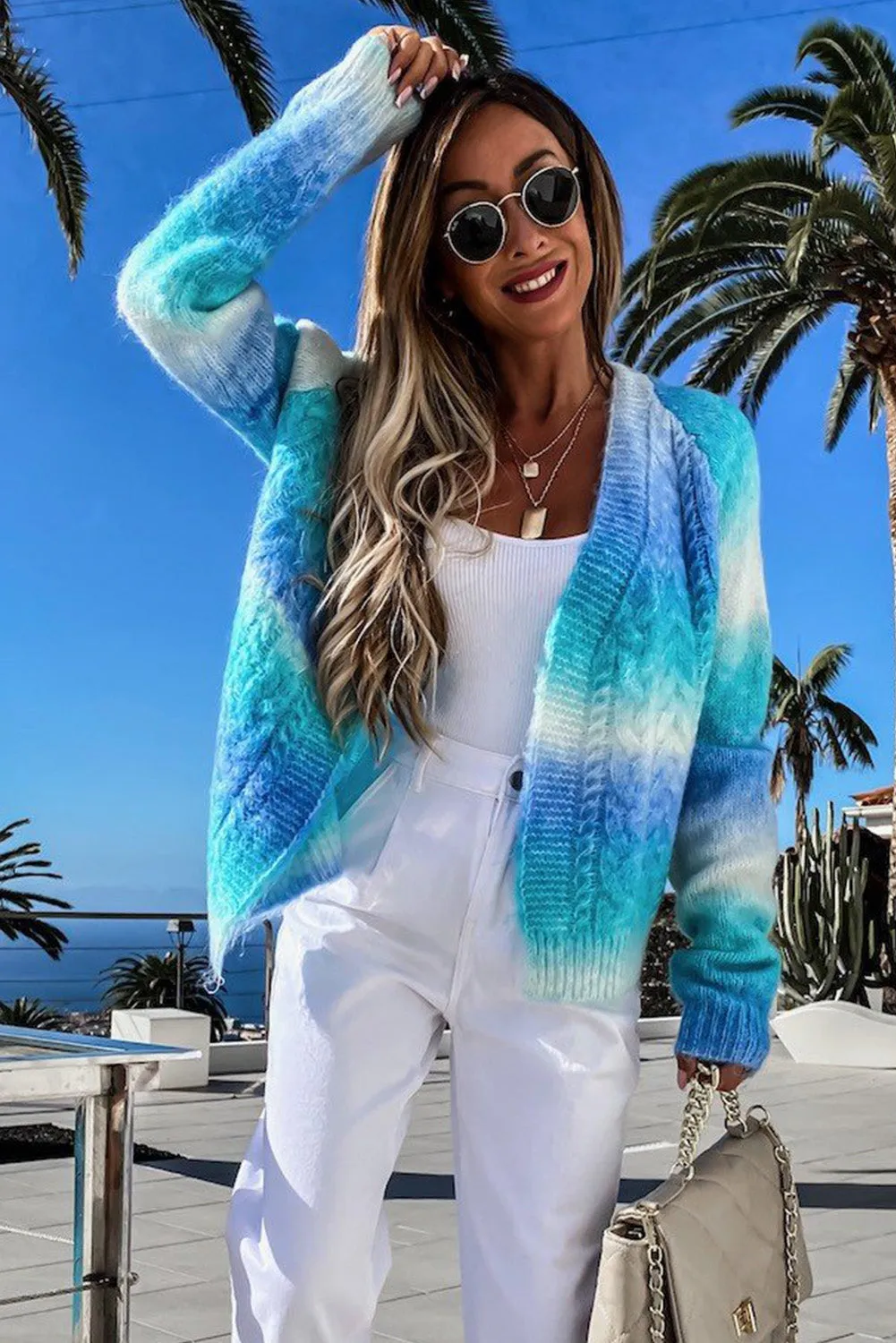 Gradient Color Chunky Knit Cardigan Open Front Cardigan